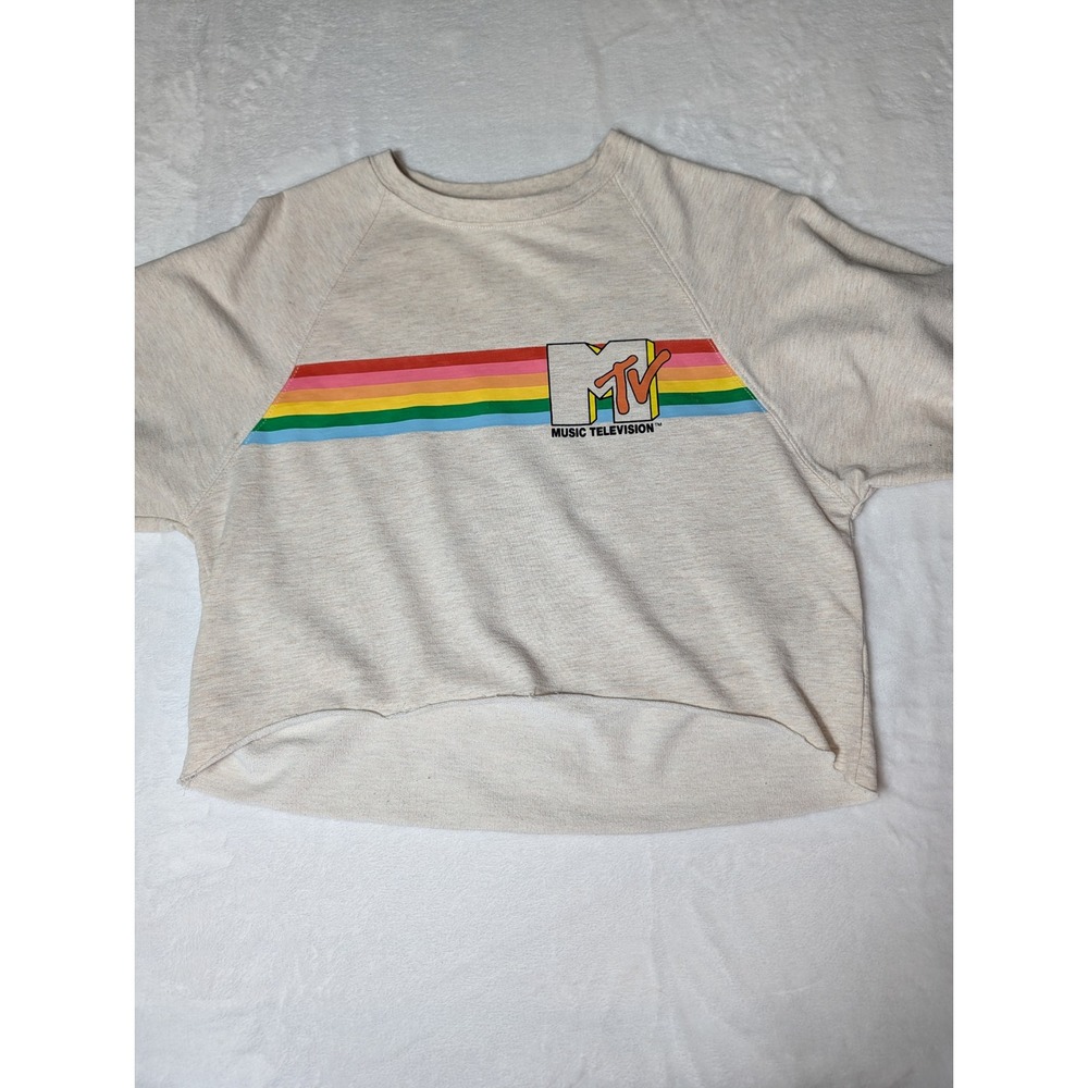 MTV Rainbow Logo Cropped Sweatshirt Oatmeal Heather Raw Hem Retro Y2K Small